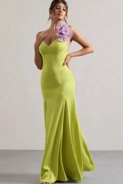 Zamora | Lime Green Plunge-Neck Fishtail Maxi Dress With Corsage