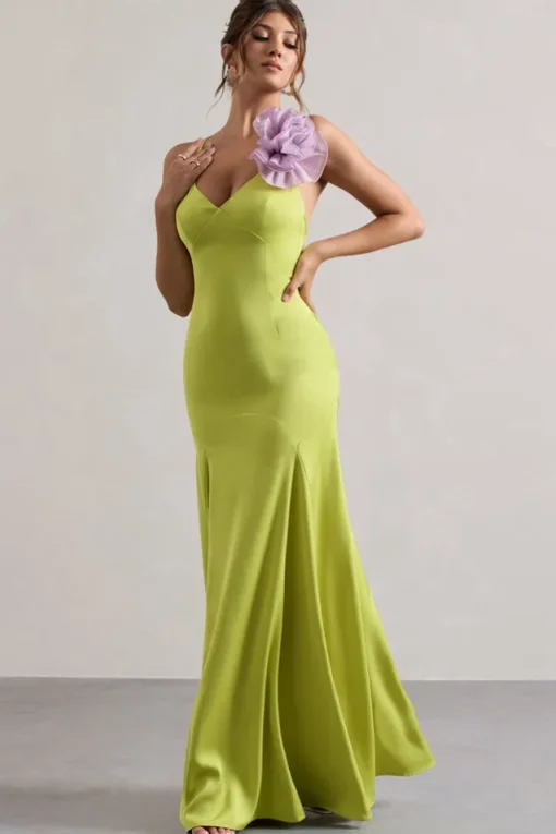 Zamora | Lime Green Plunge-Neck Fishtail Maxi Dress With Corsage