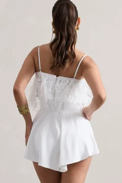 Zeppelin | White Embellished Strappy Playsuit With Feathers