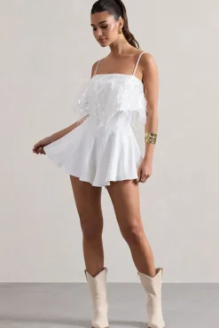 Zeppelin | White Embellished Strappy Playsuit With Feathers
