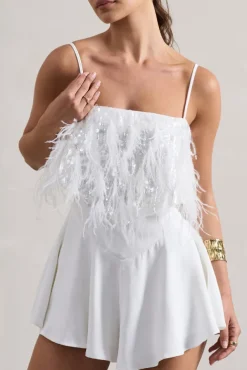 Zeppelin | White Embellished Strappy Playsuit With Feathers