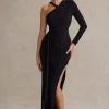 Zhuri | Black Asymmetric One-Sleeve Draped Maxi Dress