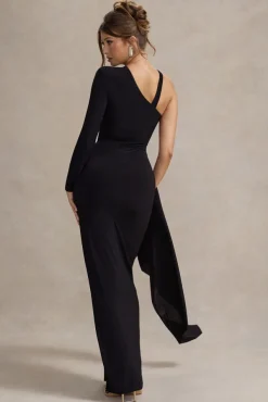 Zhuri | Black Asymmetric One-Sleeve Draped Maxi Dress