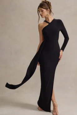 Zhuri | Black Asymmetric One-Sleeve Draped Maxi Dress