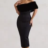 Zia | Black Bardot Midi Dress With Fur Trim