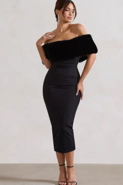 Zia | Black Bardot Midi Dress With Fur Trim