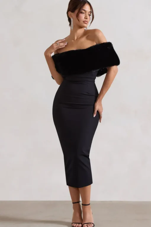 Zia | Black Bardot Midi Dress With Fur Trim