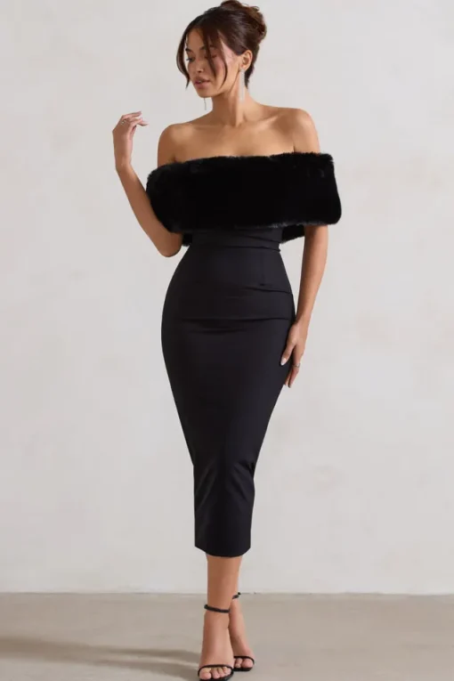 Zia | Black Bardot Midi Dress With Fur Trim