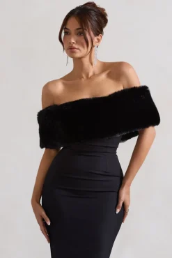 Zia | Black Bardot Midi Dress With Fur Trim