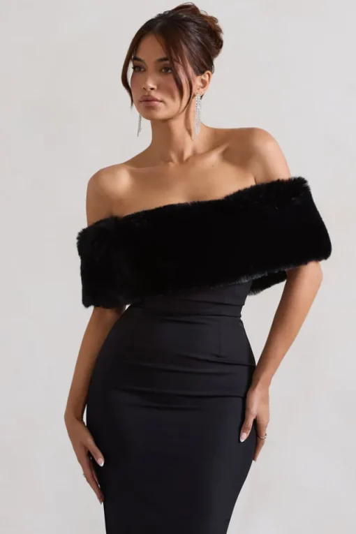 Zia | Black Bardot Midi Dress With Fur Trim