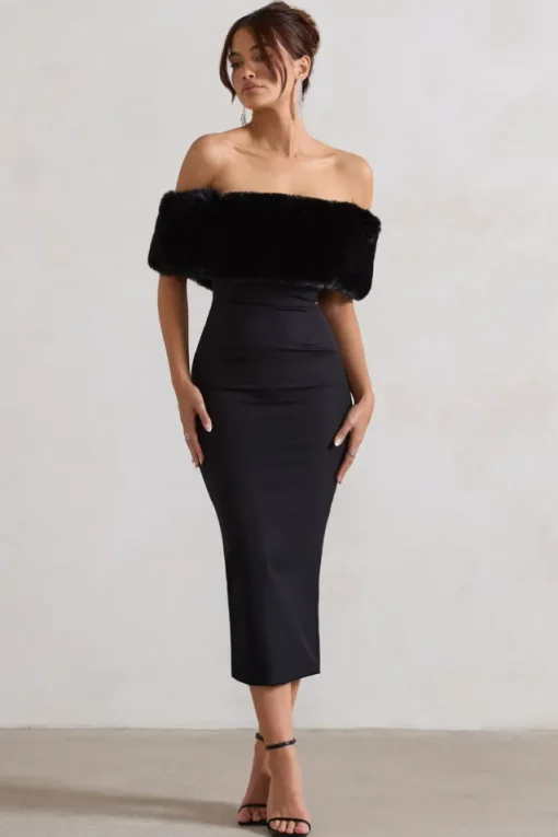Zia | Black Bardot Midi Dress With Fur Trim