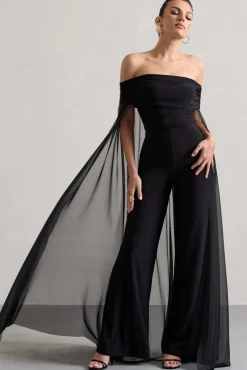 Zita | Black Bardot Jumpsuit With Chiffon Cape