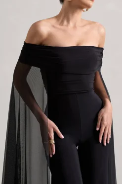 Zita | Black Bardot Jumpsuit With Chiffon Cape