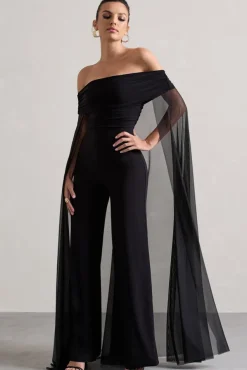Zita | Black Bardot Jumpsuit With Chiffon Cape