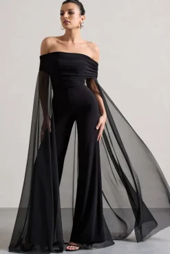 Zita | Black Bardot Jumpsuit With Chiffon Cape