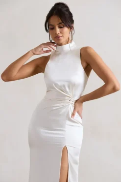 Zoe | Cream Satin Twist Split Maxi Dress With Feather Trim