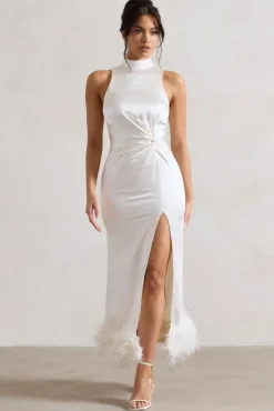 Zoe | Cream Satin Twist Split Maxi Dress With Feather Trim