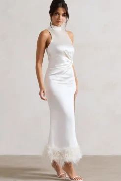 Zoe | Cream Satin Twist Split Maxi Dress With Feather Trim