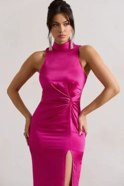 Zoe | Dark Pink Satin Twist Split Maxi Dress With Feather Trim