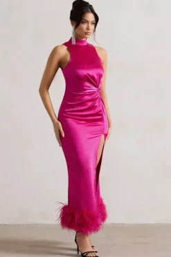 Zoe | Dark Pink Satin Twist Split Maxi Dress With Feather Trim