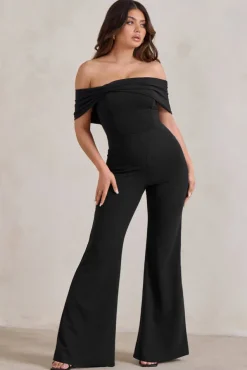 Zoey | Black Bardot Bow Detail Jumpsuit