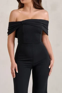 Zoey | Black Bardot Bow Detail Jumpsuit