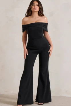 Zoey | Black Bardot Bow Detail Jumpsuit