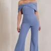 Zoey | Blue Bardot Bow Detail Jumpsuit