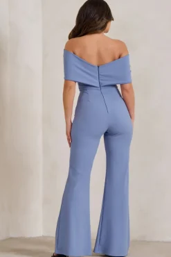 Zoey | Blue Bardot Bow Detail Jumpsuit