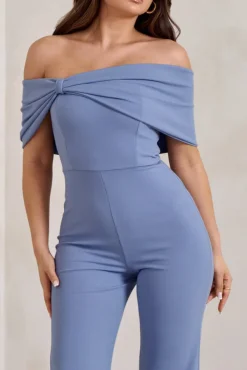 Zoey | Blue Bardot Bow Detail Jumpsuit