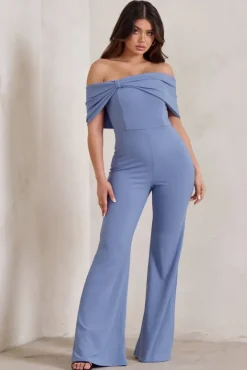 Zoey | Blue Bardot Bow Detail Jumpsuit