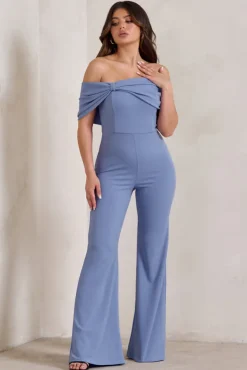 Zoey | Blue Bardot Bow Detail Jumpsuit